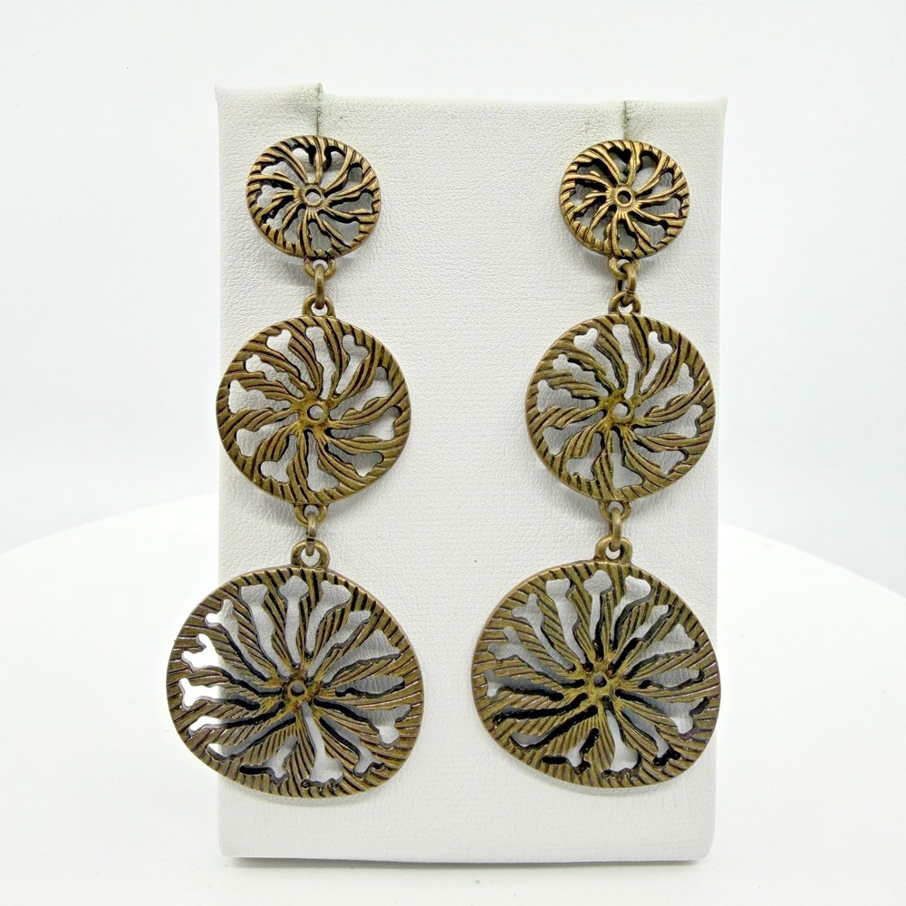 Vintage Bronze Tone Triple Circle Filigree Dangle Drop Earrings Boho Retro 2.5in